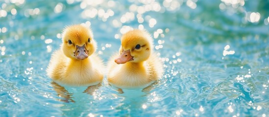 Two adorable ducklings are happily swimming in a clear pool of water