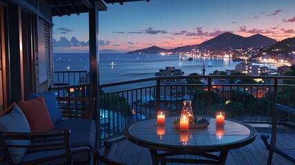 summer holidays vibes, night shot of a chill out balcony with candles in the table, the background of the balcony is an amazing summer city.