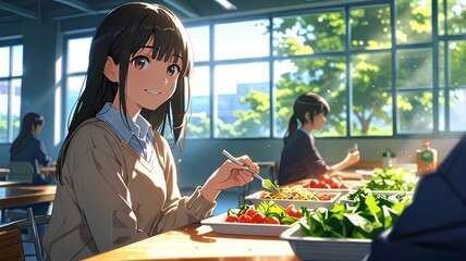 Smiling Teenage Girl Enjoying Healthy Lunch with Fresh Vegetables in School Cafeteria, Promoting Balanced Diet.