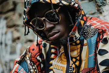 a man wearing a colorful jacket and glasses