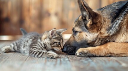 Wall Mural - A kitten and a dog are laying on the floor next to each other