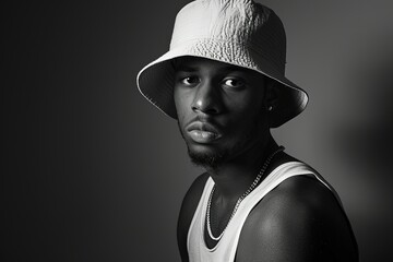 Wall Mural - a black and white photo of a man wearing a hat