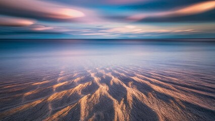 An abstract seascape beach background with blurred bokeh light reflecting off the calm sea and sky, focusing on the sand in the foreground