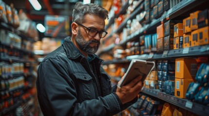 A dedicated retail sales associate organizing and restocking shelves in an electronics store, ensuring all products are displayed neatly