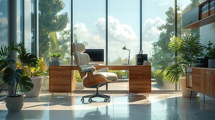 Poster - An office with chair, desk, and side table in front of large window. Generative AI.
