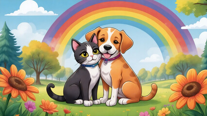 Cute Puppy and Kitten Under Rainbow