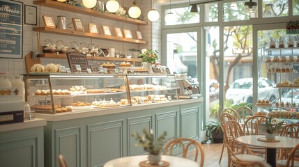 Canvas Print - A charming and cozy dessert cafe featuring a variety of sweet treats on display. The interior is bright and inviting, with large windows allowing natural light. Generative AI.