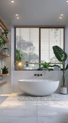 Wall Mural - A bathroom with a white bathtub and a large window with plants