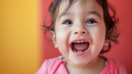 A cheerful toddler beams with happiness, showcasing a large smile while surrounded by vibrant colors in a playful atmosphere. Generative AI