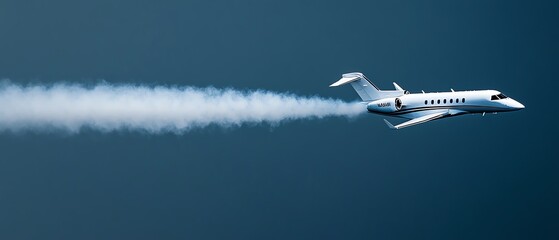 Wall Mural - Private jet leaving a cloud of dark smog that spreads over a clear blue sky, gradually turning it gray, illustrating the environmental consequences of private aviation