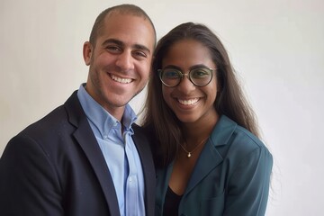 Two businesspeople smiling together against a white background Portrait of two businesspeople smiling while standing side by side together in front of a white background