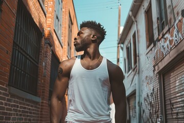 Wall Mural - a man in a white tank top walking down a street