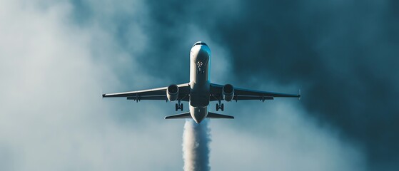 Wall Mural - Private jet with exhaust fumes morphing into a giant, looming carbon footprint in the sky, emphasizing the significant CO2 emissions, environmental awareness theme