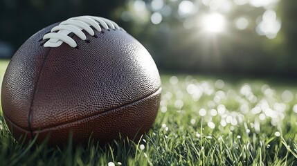 Close-up of a football on a grassy field. --ar 16:9 --v 6.1 Job ID: 082044a8-5efb-4c7f-b1ce-76bda30fc95c