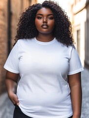 African american young woman plus size model in cotton plain white t-shirt on city street background. Big size clothing mock up for print or branding