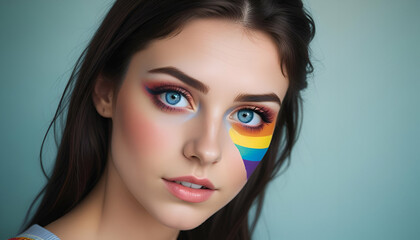 Wall Mural - A young woman with green eyes and dark hair, wearing rainbow-colored face paint on her cheek, representing the LGBTQ pride flag