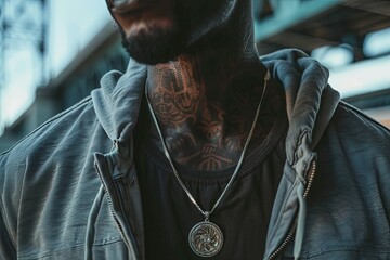 Wall Mural - a man with a tattoo on his neck wearing a black jacket