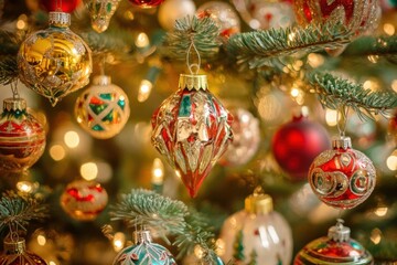 A close-up view of various colorful Christmas tree ornaments, including hand-painted glass baubles