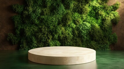 Round podium in front of a lush green wall with moss, rocks, and plants, with a background featuring a rustic wood panel wall