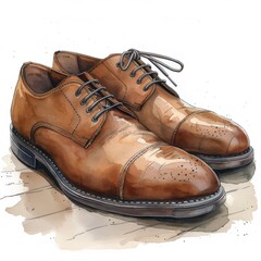 A close-up illustration of two brown leather oxford shoes on a light wood floor. The shoes are laced and have a cap toe