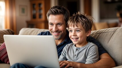 father and son using laptop at home sitting on sofa in living room