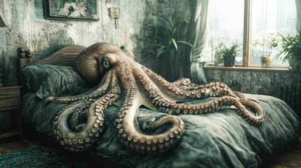 Surreal interior shot with an octopus curled up on a bed, creating an imaginative blend of marine life and domestic comfort.