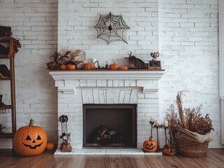 Wall Mural - Halloween decorations with pumpkins candles and black decor on a white brick fireplace in a room.