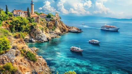 A picturesque view of the bay in Alanya, Turkey, with tourist ships gently sailing in the Mediterranean Sea, and a lighthouse standing watch in the distance.