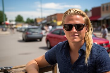 Wall Mural - A man with long hair is sitting on a bench wearing sunglasses and a blue shirt