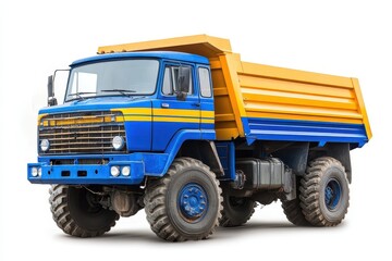 A blue and orange dump truck designed for transporting materials.