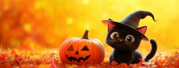 Wall Mural - 3D cartoon, a happy, cute black cat wearing a witch hat sitting next to a pumpkin with an orange background.