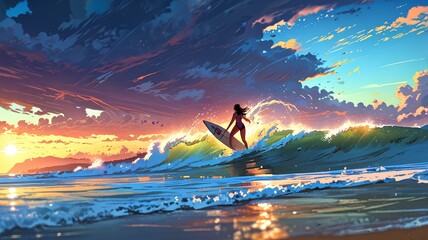 Wall Mural - Surfing in the morning sun on the beach.