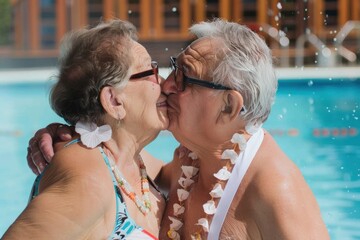 Poster - Senior woman standing on swimming pool and laughing when being kissed by her husband Elderly couple in love kissing on their romantic weekend on the swimming pool and spa