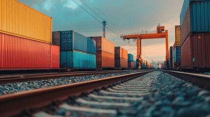 Shipping containers being loaded onto a cargo train for international delivery