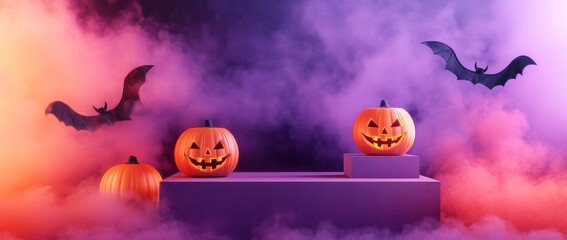 Wall Mural - 3D render of a podium for product presentation with Halloween decorations.