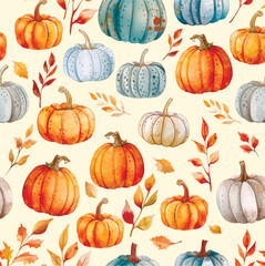 Watercolor background with autumn pumpkins and leaves. Autumn pattern. Orange and white pumpkins on a warm background with autumn botanicals. Vector illustration.