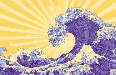 Wall Mural - A illustration of an Asian wave pattern with a yellow background