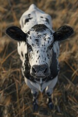 Wall Mural - A cow stands in a grassy field with a simple black and white color scheme