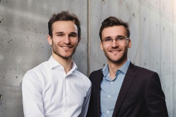 Wall Mural - portrait of two smiling businessmen at a wall