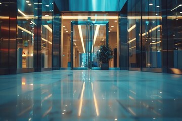 Sticker - A quiet and peaceful atmosphere fills this empty lobby featuring a single plant in the center