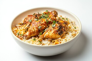 Wall Mural - A bowl of flavorful rice topped with grilled chicken and garnished with herbs.