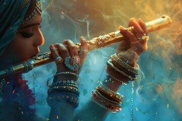 A woman dressed in blue plays a flute in a peaceful setting