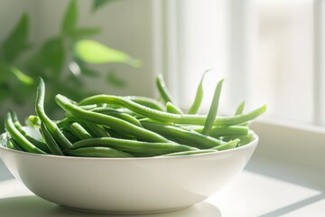 Wall Mural - A bowl of fresh green beans illuminated by sunlight near a window.