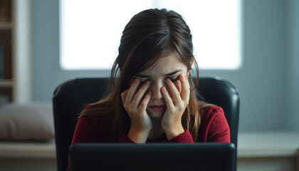 Wall Mural - Teenager girl suffering internet cyber bullying scared and depressed cyberbullying. Image of despair girl humilated on internet by classmate. Young teenage girl is a victim of online bullying isolat