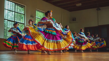 A group of multiracial students wearing traditional Costa Rican costumes with bright skirts and sashes, performing a dance in a school auditorium.