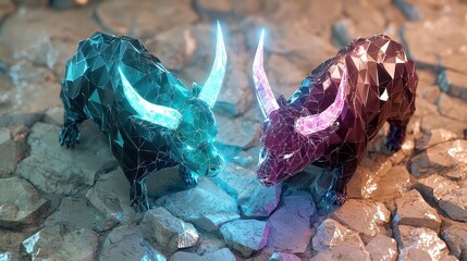 Two vibrant, polygonal bulls clash in a dynamic display of color and form, set against a textured rock backdrop.