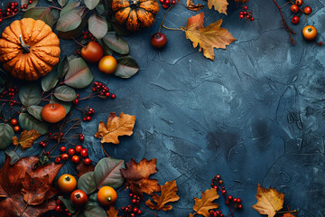Wall Mural - pumpkins, autumn leaves, berries, and pine cones on a dark background