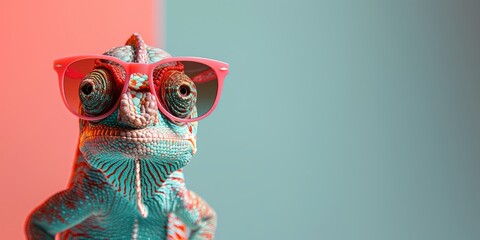 Chameleon in sunglasses on a colored background