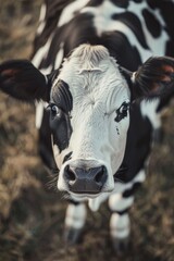 Poster - A black and white cow stands on a grassy field, its coat glistening in the sunlight