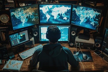 Canvas Print - A person working on a desk with multiple computer monitors, ideal for technology and office settings